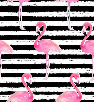 Tapete Aquarell-Flamingos auf schwarz-weißen Streifen