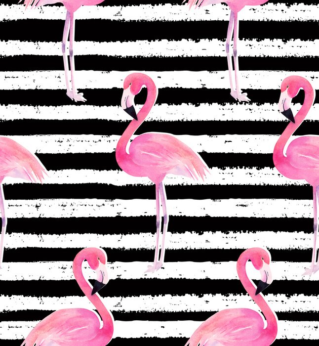 Tapete Aquarell-Flamingos auf schwarz-weißen Streifen