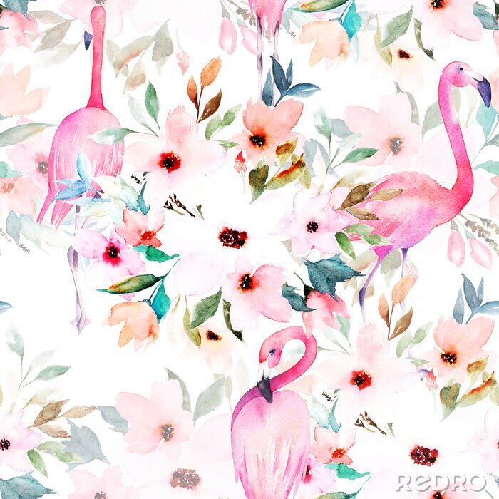 Tapete Aquarell-Flamingos und Blumen auf einem hellen Muster