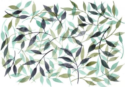 Tapete Aquarell floral background mit grünen Blättern und Zweigen.