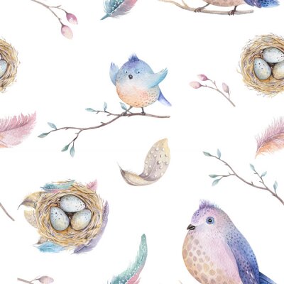 Tapete Aquarell Frühjahr rustikalen Muster mit Nest, Vögel, Zweig, Baum