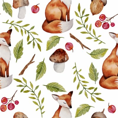 Tapete Aquarell Füchse Pflanzen und Eicheln