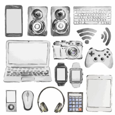 Tapete Aquarell-Geräteset. Alle Arten von modernen Gadgets als Laptop, Kamera, Smartphone, Player, Kopfhörer und vieles mehr.