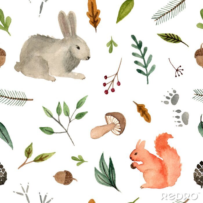Tapete Aquarell handgemalte Tiere - Eichhörnchen und Kaninchen. nahtloses Muster des Waldteams auf einem weißen Hintergrund