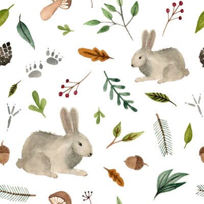 Tapete Aquarell handgemalte Tiere - Kaninchen. nahtloses Muster des Waldteams auf einem weißen Hintergrund