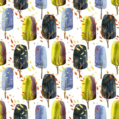 Tapete Aquarell Herbstwald auf weißem Hintergrund