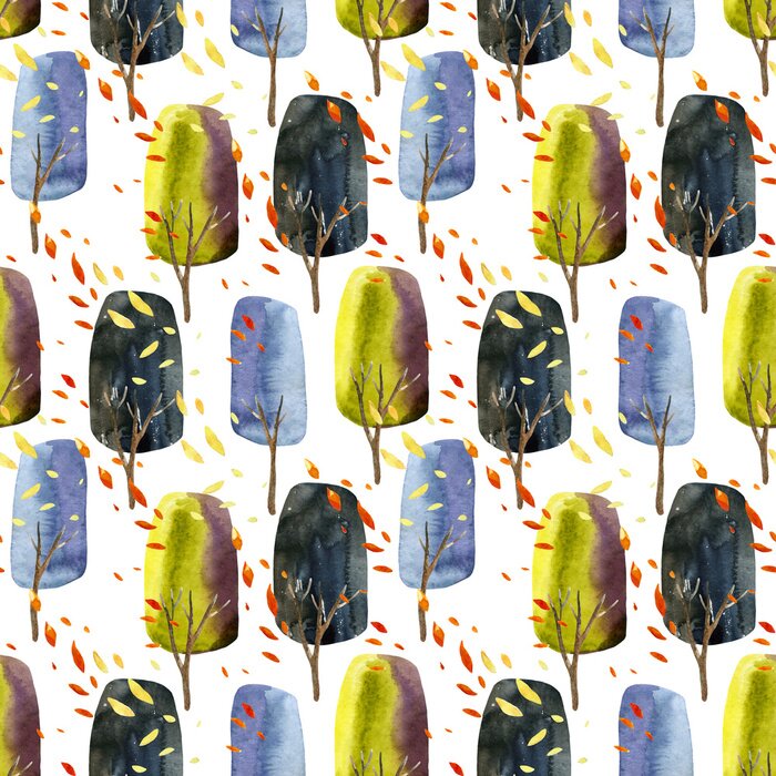 Tapete Aquarell Herbstwald auf weißem Hintergrund