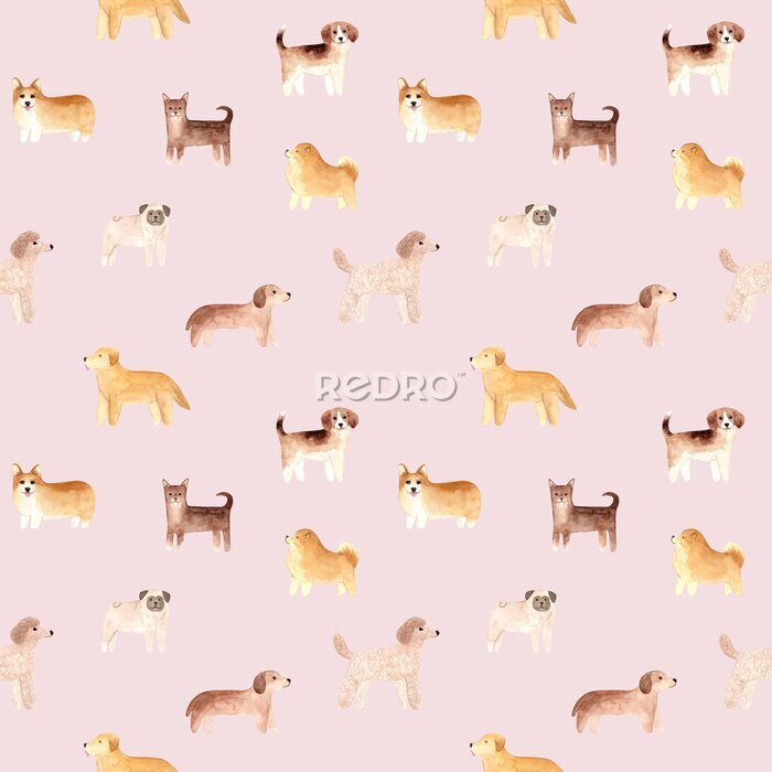 Tapete Aquarell-Hunde auf rosa Hintergrund