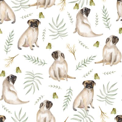 Tapete Aquarell-Hunde Möpse und Schmetterlinge