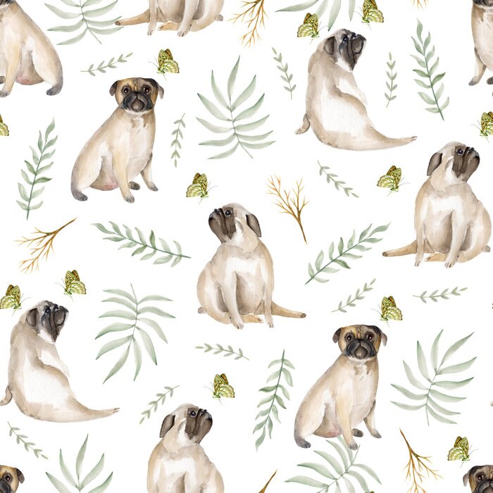 Tapete Aquarell-Hunde Möpse und Schmetterlinge