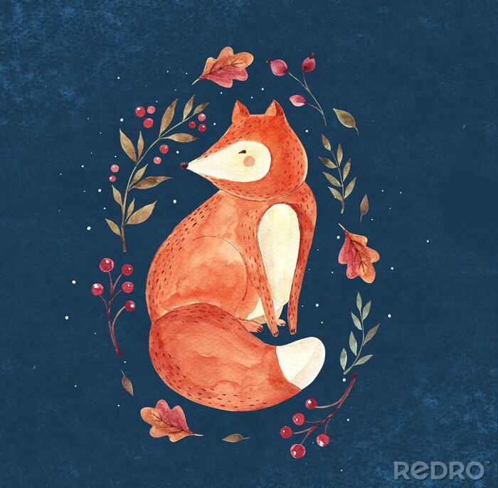 Tapete Aquarell-Illustration mit sitzen Fuchs und floral Kranz auf dunklem Hintergrund