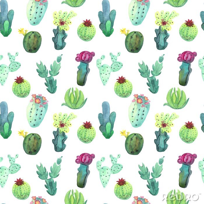 Tapete Aquarell Kaktus nahtlose Muster. Bunte lebendige Kaktus Sukkulenten
