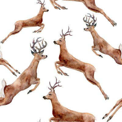 Tapete Aquarell laufende Rehe nahtlose Muster. Weihnachten wilde Tier Illustration isoliert auf weißem Hintergrund für Design, Druck oder Hintergrund