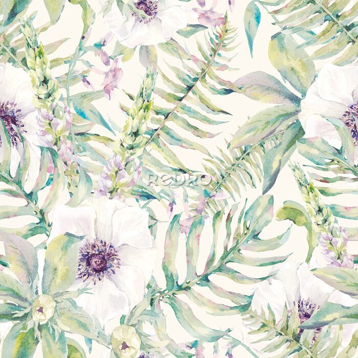 Tapete Aquarell mit Farnblättern und -blüten