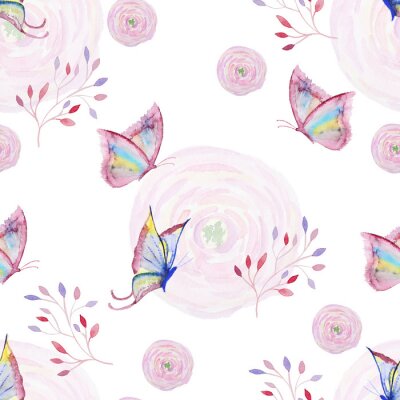 Tapete Aquarell mit Schmetterlingen und Pflanzen