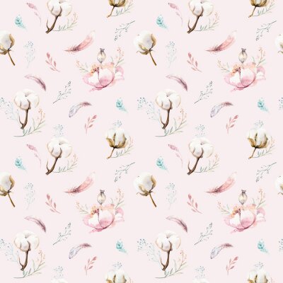 Tapete Aquarell nahtlose Blumenmuster mit Baumwolle. Böhmische natürliche Muster: Blätter, Federn, Blumen, rosafarbener boho weißer Hintergrund. Künstlerische Dekoration Abbildung. Textildesign
