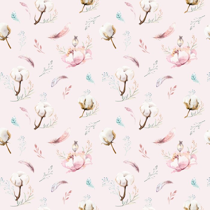 Tapete Aquarell nahtlose Blumenmuster mit Baumwolle. Böhmische natürliche Muster: Blätter, Federn, Blumen, rosafarbener boho weißer Hintergrund. Künstlerische Dekoration Abbildung. Textildesign