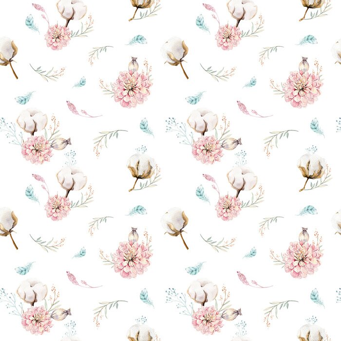 Tapete Aquarell nahtlose Blumenmuster mit Baumwolle. Böhmische natürliche Muster: Blätter, Federn, Blumen, rosafarbener boho weißer Hintergrund. Künstlerische Dekoration Abbildung. Textildesign