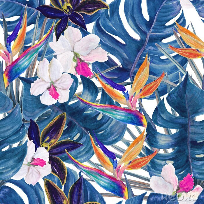 Tapete Aquarell nahtlose tropische Muster mit exotischen Pflanzen. Palm und deliciosa Blätter. Orchidee und Paradiesvogel Blumen
