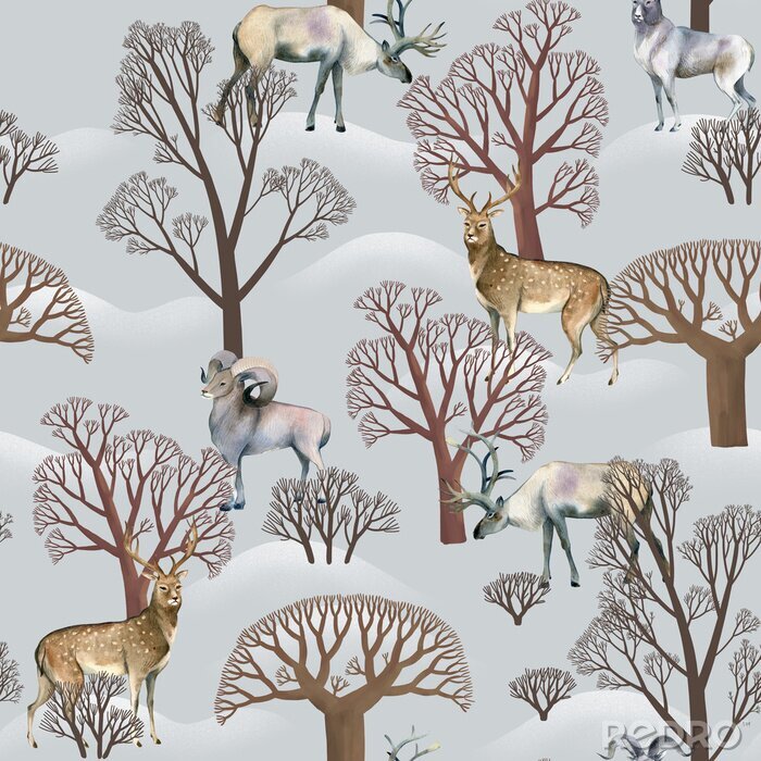 Tapete Aquarell nahtloses Muster. Wilde Tiere, Hirsche, Elche, Schafe, Elche zwischen kahlen Winterbäumen