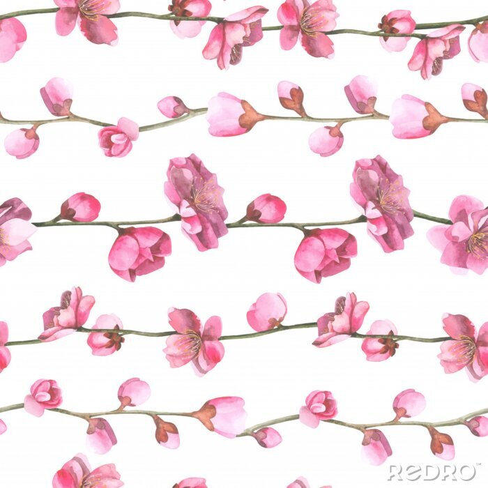 Tapete Aquarell orientalisches Muster mit Sakura Zweig.