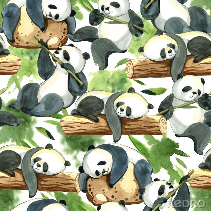 Tapete Aquarell-Pandas mit Bambus auf dem Baum