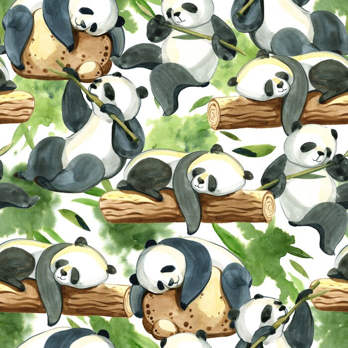 Tapete Aquarell-Pandas mit Bambus auf dem Baum