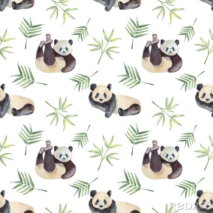 Tapete Aquarell-Pandas zwischen tropischen Blättern
