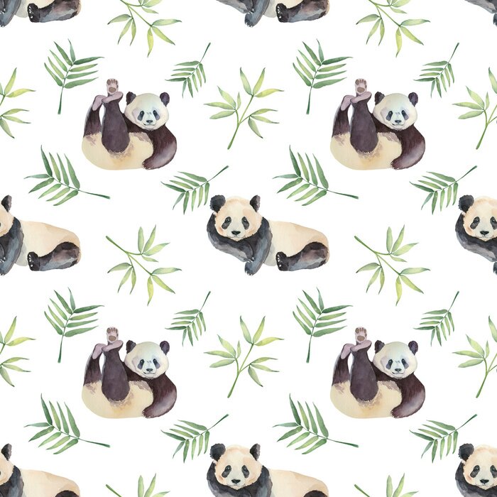 Tapete Aquarell-Pandas zwischen tropischen Blättern