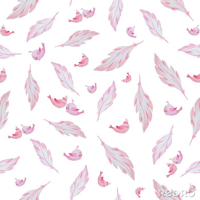 Tapete Aquarell rosa Federn und Vögel
