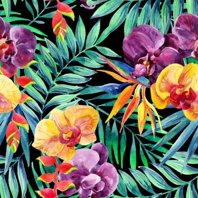 Tapete Aquarell tropische Blätter und Blumen nahtlose Muster.