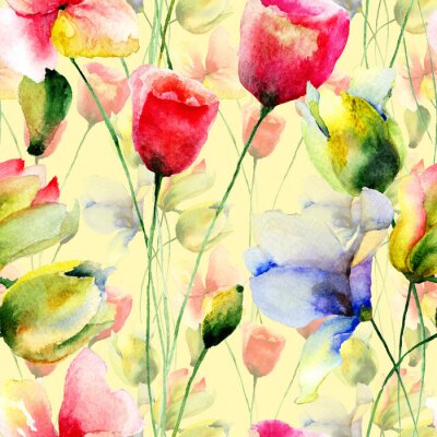 Tapete Aquarell-Tulpen zwischen Feldblumen