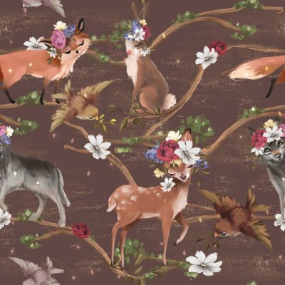 Tapete Aquarell Waldtiere und Blumen