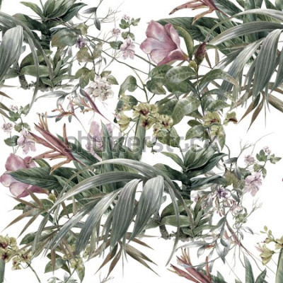 Tapete Aquarell zarte Blätter und Blüten