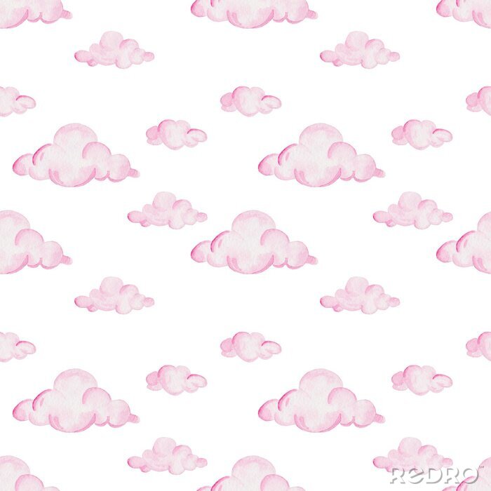 Tapete Aquarellbabyduschenmuster. Rosafarbene Wolken auf dem weißen Hintergrund. Für Design, Druck oder Hintergrund