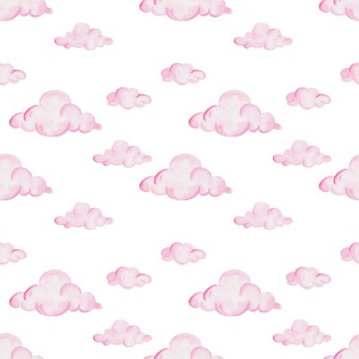 Tapete Aquarellbabyduschenmuster. Rosafarbene Wolken auf dem weißen Hintergrund. Für Design, Druck oder Hintergrund