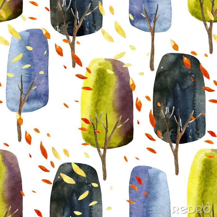 Tapete Aquarellbäume - fallende Blätter