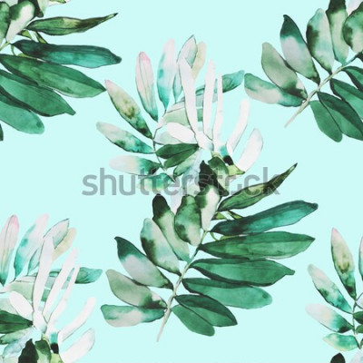 Tapete Aquarellblätter auf türkisfarbenem Hintergrund