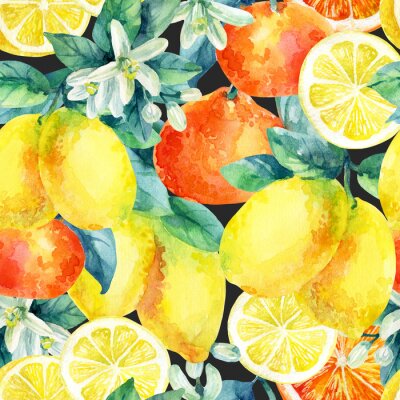 Tapete Aquarellfarbene Zitronen und Orangen