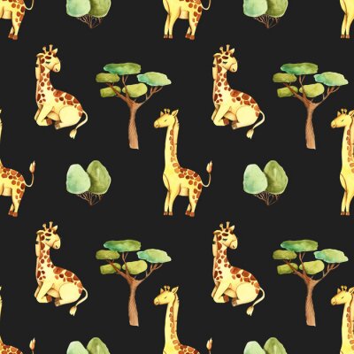 Tapete Aquarellgiraffen und Bäume auf schwarzem Hintergrund