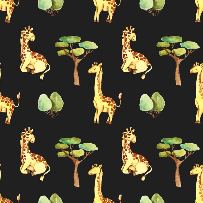 Tapete Aquarellgiraffen und Bäume auf schwarzem Hintergrund