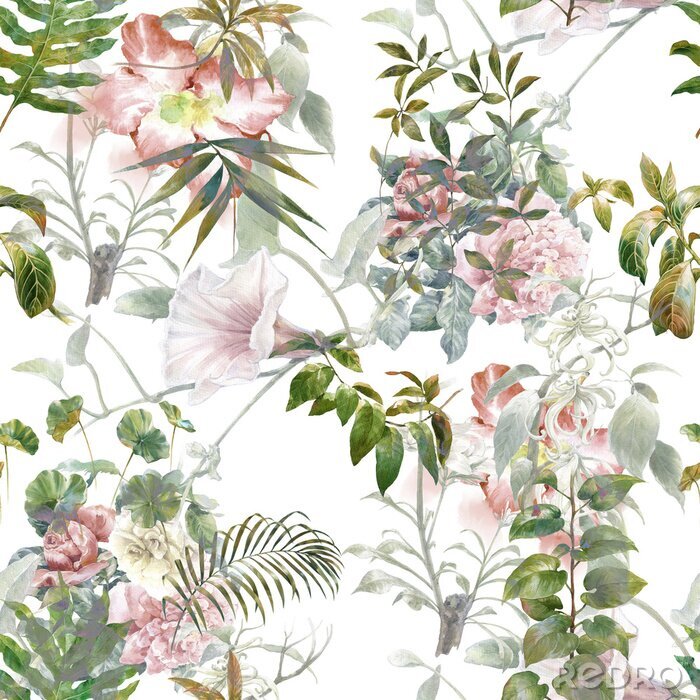 Tapete Aquarellmalerei von Blatt und Blumen, nahtlose Muster auf weißem Hintergrund