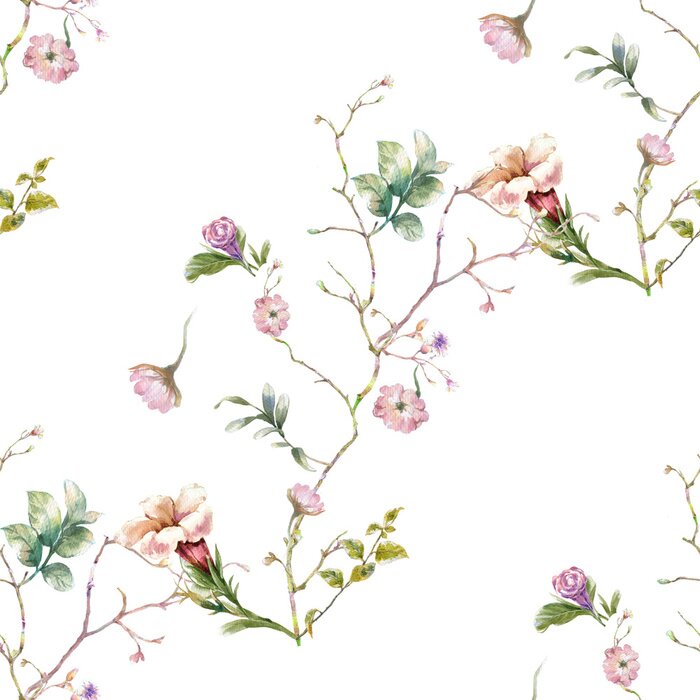 Tapete Aquarellmalerei von Blatt und Blumen, nahtloses Muster auf weißem Hintergrund