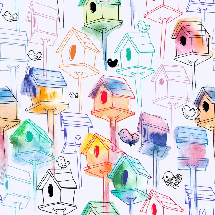 Tapete Aquarellvögel und Futterhäuschen
