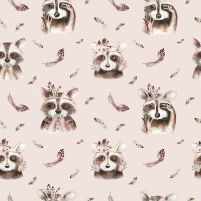 Tapete Aquarellwaschbär mit Federn