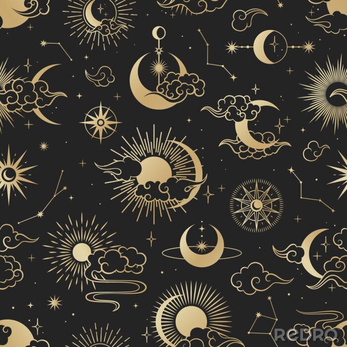 Tapete Asian seamless pattern with clouds, moon, sun, stars . Vector collection in oriental chinese, japanese, korean style. Line hand drawn on black background.