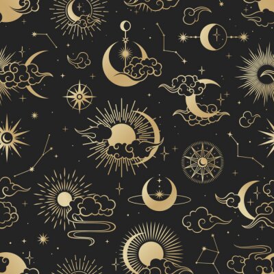 Tapete Asian seamless pattern with clouds, moon, sun, stars . Vector collection in oriental chinese, japanese, korean style. Line hand drawn on black background.
