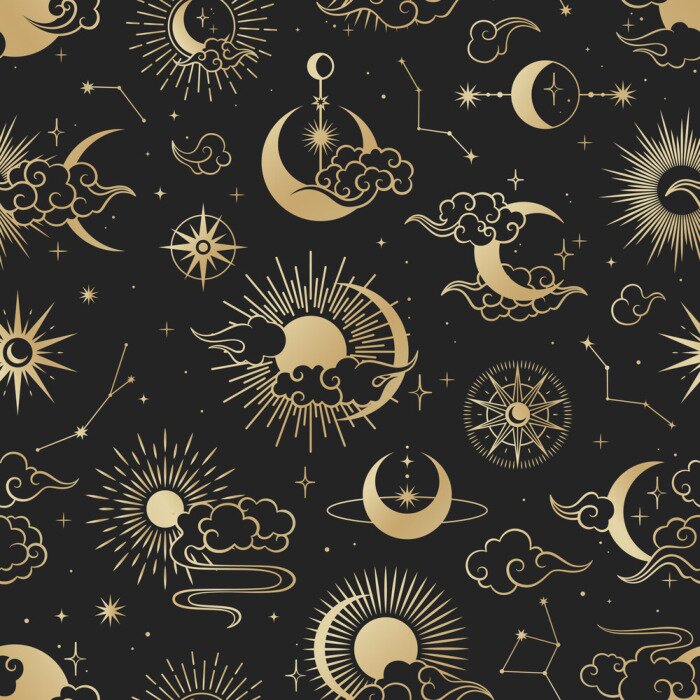 Tapete Asian seamless pattern with clouds, moon, sun, stars . Vector collection in oriental chinese, japanese, korean style. Line hand drawn on black background.