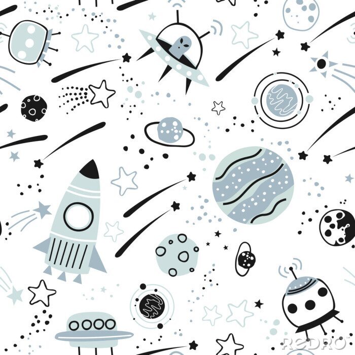 Tapete Baby seamless pattern - space, spaceships and planets with stars. Trendy kids vector background.