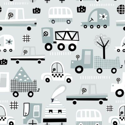 Baby seamless pattern with cute car. Perfect for kids fabric, textile, nursery wallpaper. Vector Illustration.